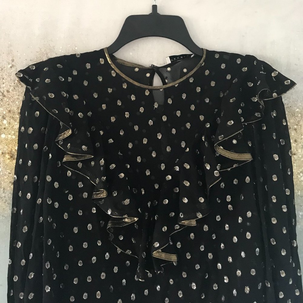 ⚡️SOLD ON KIJIJI⚡️✨HOST PICK✨Sandro Lunea Ruffled Metallic Dot Blouse (NWT) - Picture 6 of 16